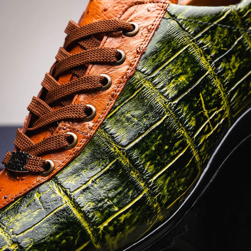 Saulo Green & Cognac Exotic Leather Men's Sneakers