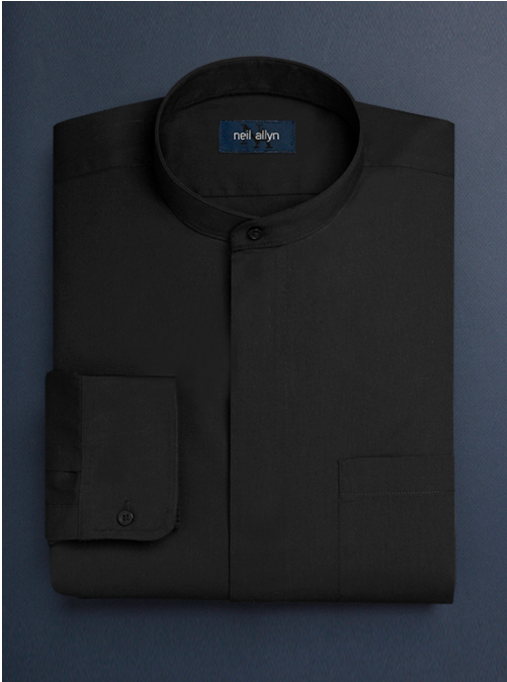 Cotton French Front Mandarin Shirt - Black