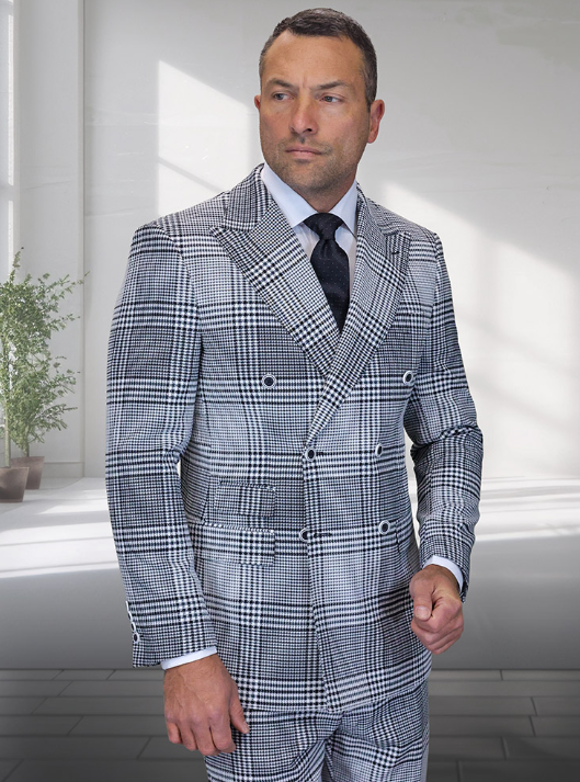 Grey Glen Plaid Double-Breasted Suit for Men