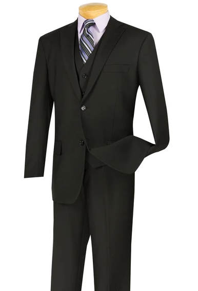 Modern Fit 2 Button Vested Black Suit
