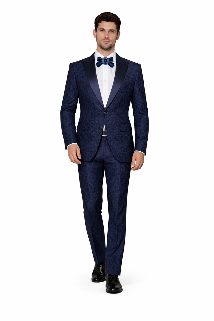 Rossiman Navy Seersucker Peak Lapel Suit