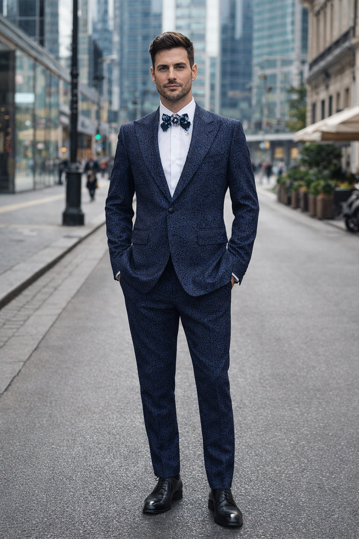 Rossiman Men’s Navy Blue Seersucker Suit – Peak Lapel Suit with Tone-on-Tone Shadow Stripe