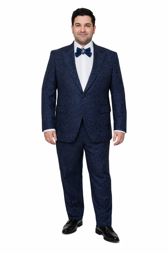 Rossiman Men’s Navy Blue Seersucker Suit – Peak Lapel Suit with Tone-on-Tone Shadow Stripe