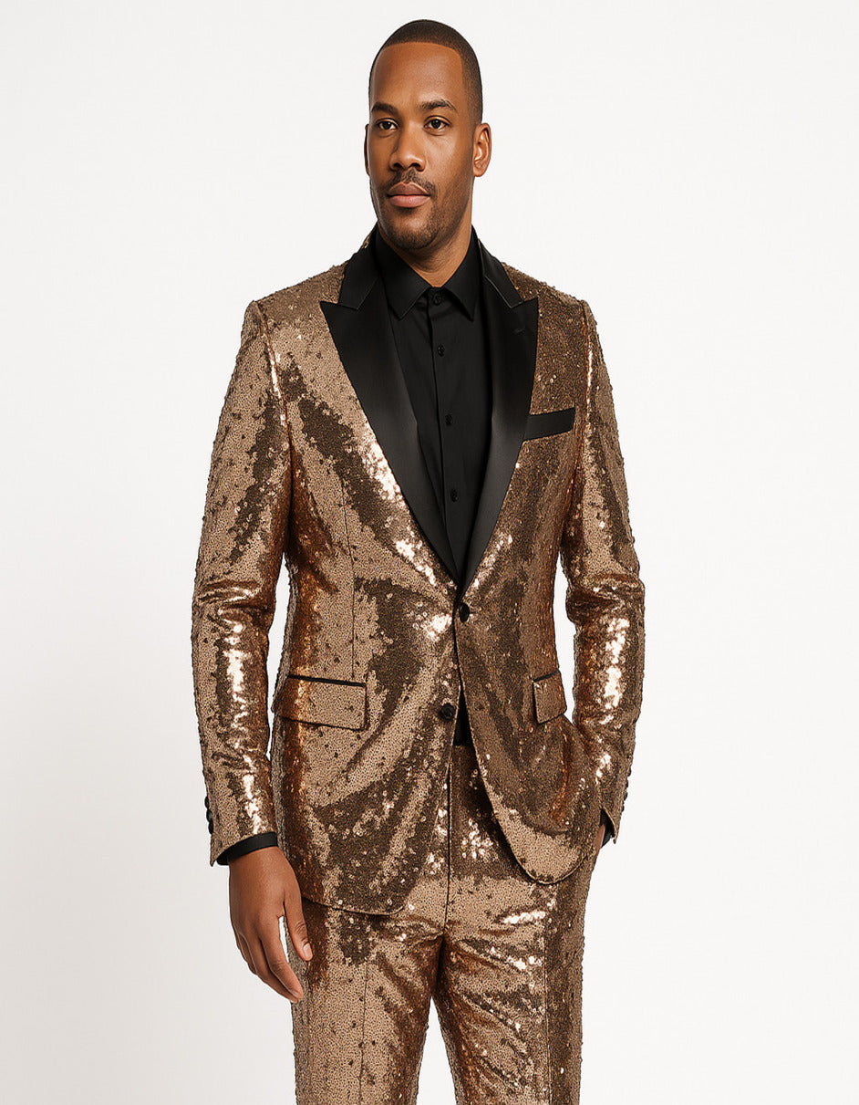 Rose Gold Sequin Tuxedo Slim Fit Blazer