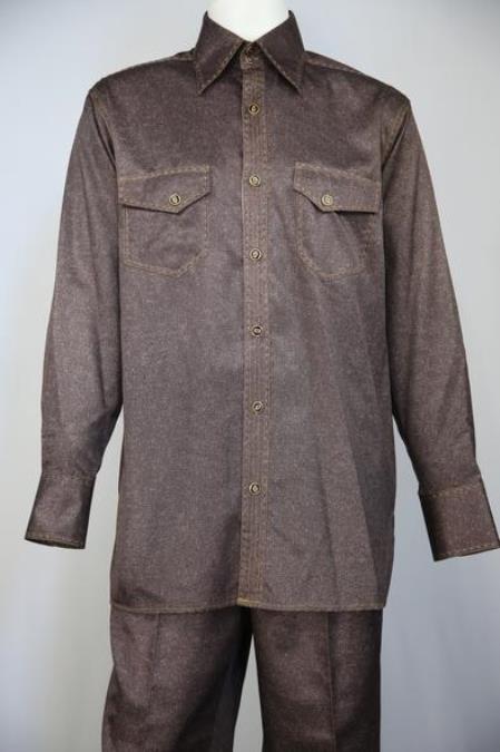 Men's Sharkskin Stitch Accent Point Collar Casual Two Piece Walking Outfit For Sale Pant Sets Suit Copper