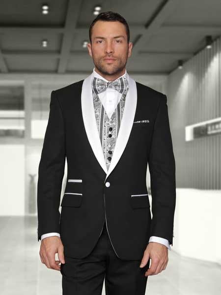 Men's Black Statement Suits Clothing Confidence White Shawl Lapel Modern Fit Suits 3 Piece Evening Suits Capri