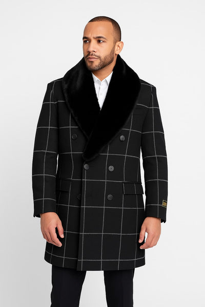 Black Windowpane Wool Overcoat with Fur Collar