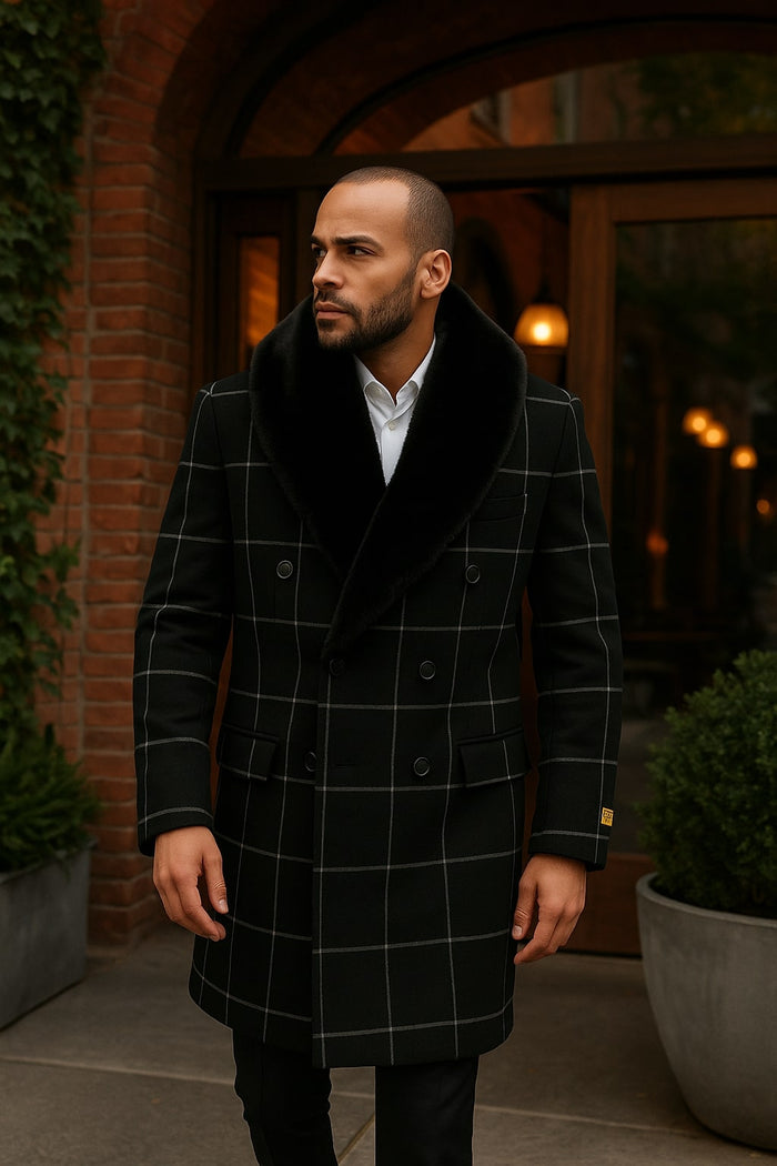 Black Windowpane Wool Overcoat with Fur Collar