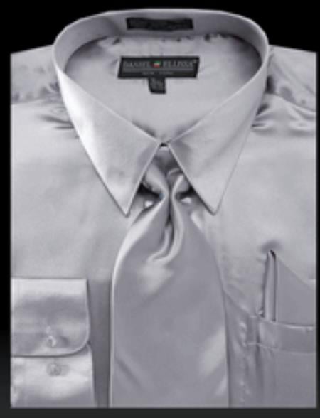 Men's Light Gray Shiny Satin Tie Set Men's Dress Shirt