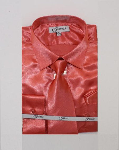 Affordable Clearance Cheap Mens Dress Shirt Sale Online Trendy - FerSH1 Men's Shiny Luxurious Shirt Salmon ~ Coral ~ Melon ~ Peachish Pinkish Color