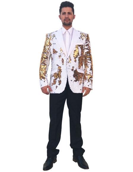 Men's Shiny Sequin 2 Button Cheap Priced Designer Fashion Dress Casual Blazer For Men On Sale Gold ~ White Blazer ~ Sport Coat