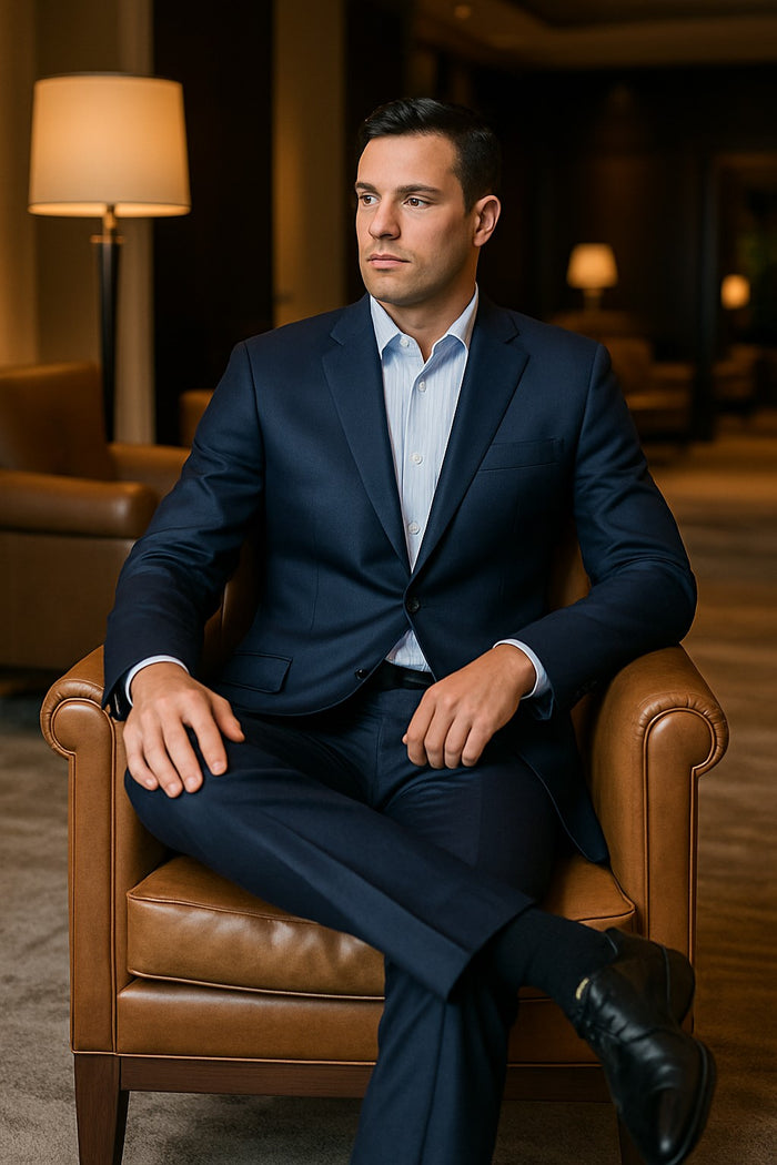 Shiny sharkskin Men's Suit Side-Vented Dark Navy Blue Suit For Men