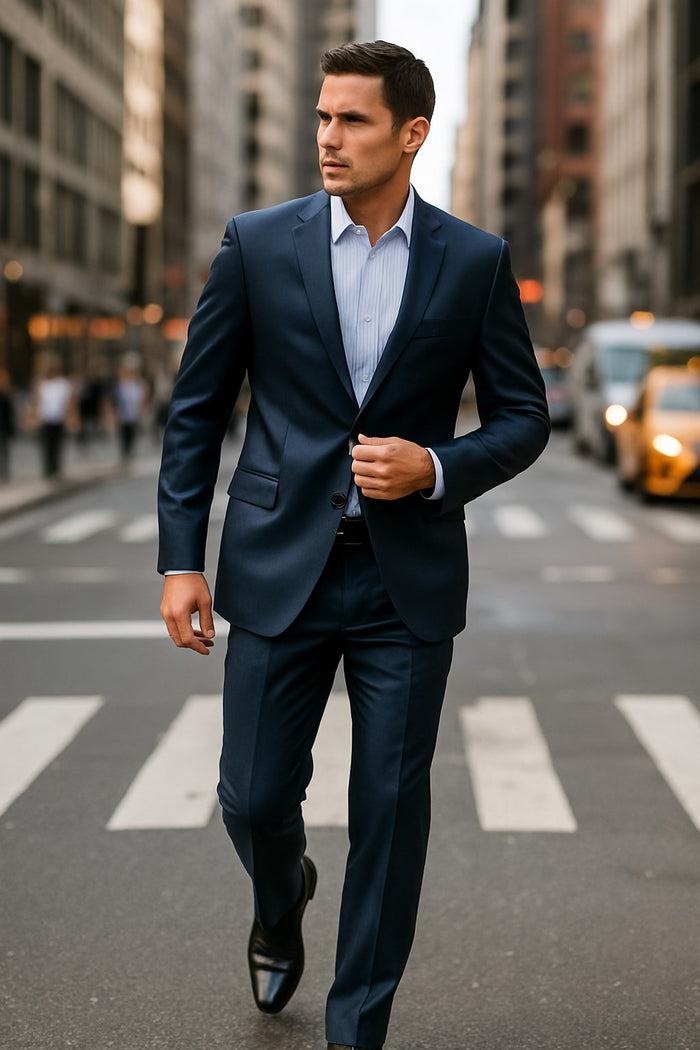 Shiny sharkskin Men's Suit Side-Vented Dark Navy Blue Suit For Men
