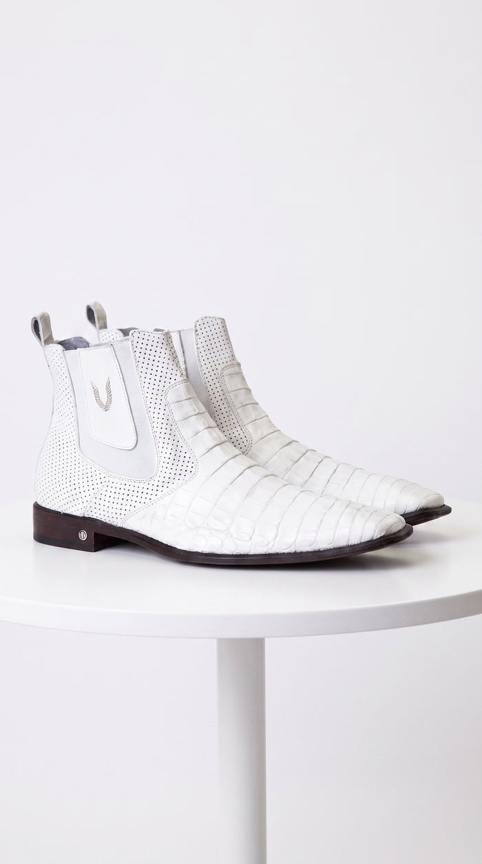 Men’s White Caiman Chelsea Boots, Handmade Exotic Dress Ankle Boots for Formal and Western Style