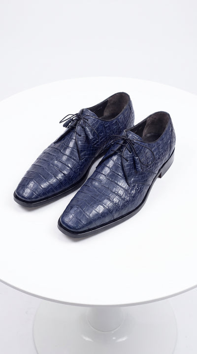 Men’s Navy Blue Full Gator Belly Dress Shoes, Exotic Lace-Up Formal Wedding Business Shoes