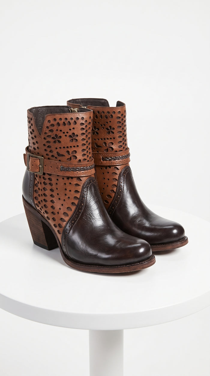 Women’s Quincy Brown Leather Ankle Boots, Oval Toe Short Fashion Boots with Buckle Detail