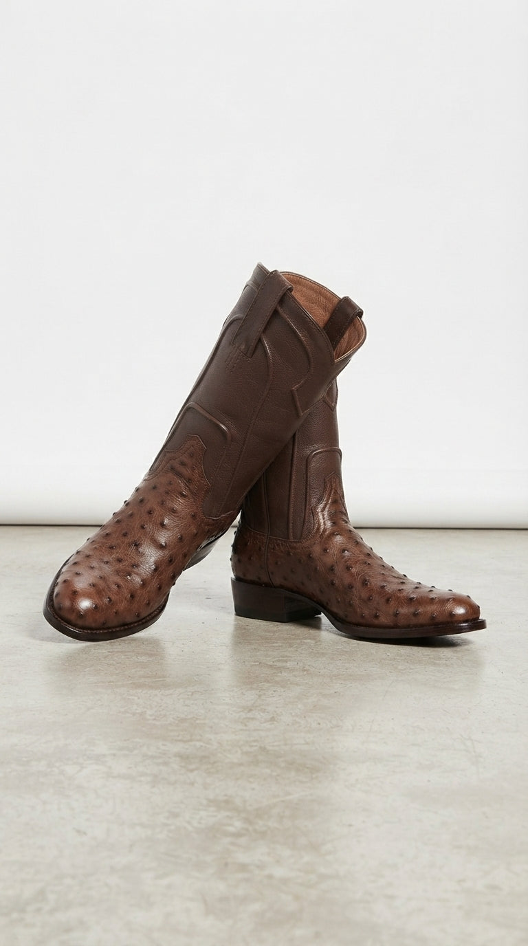 Los Altos Men’s Brown Ostrich Roper Western Boots, Exotic Cowboy Dress Boots