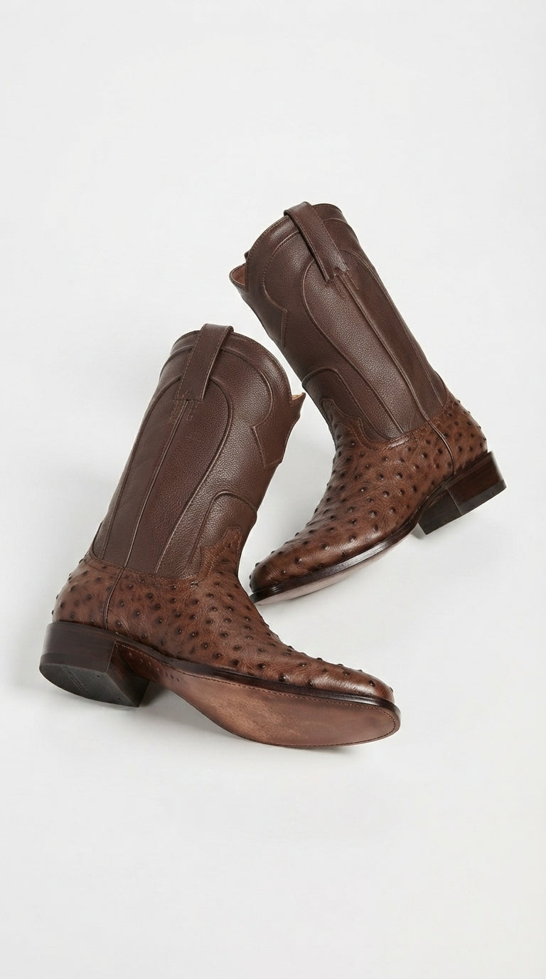 Los Altos Men’s Brown Ostrich Roper Western Boots, Exotic Cowboy Dress Boots