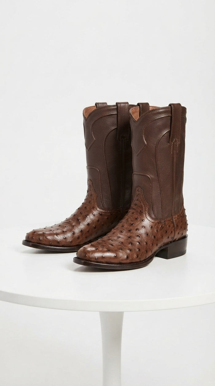 Los Altos Men’s Brown Ostrich Roper Western Boots, Exotic Cowboy Dress Boots
