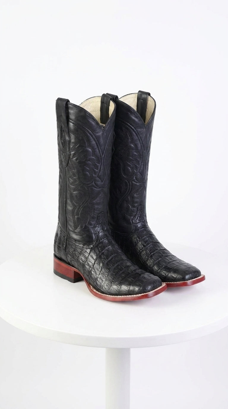 Los Altos Men’s Black Caiman Belly Wide Square Toe Boots, Exotic Western Cowboy Dress Boots