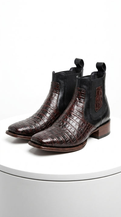 Men’s Black Cherry Short Caiman Boots, Square Toe Exotic Dress Ankle Boots