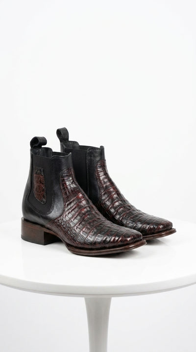 Men’s Black Cherry Short Caiman Boots, Square Toe Exotic Dress Ankle Boots