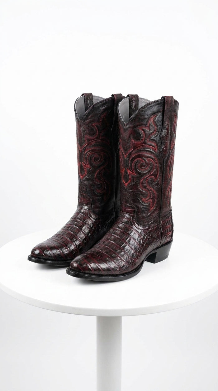 Los Altos Men’s Black Cherry Caiman Belly Boots, Round Toe Exotic Western Cowboy Dress Boots