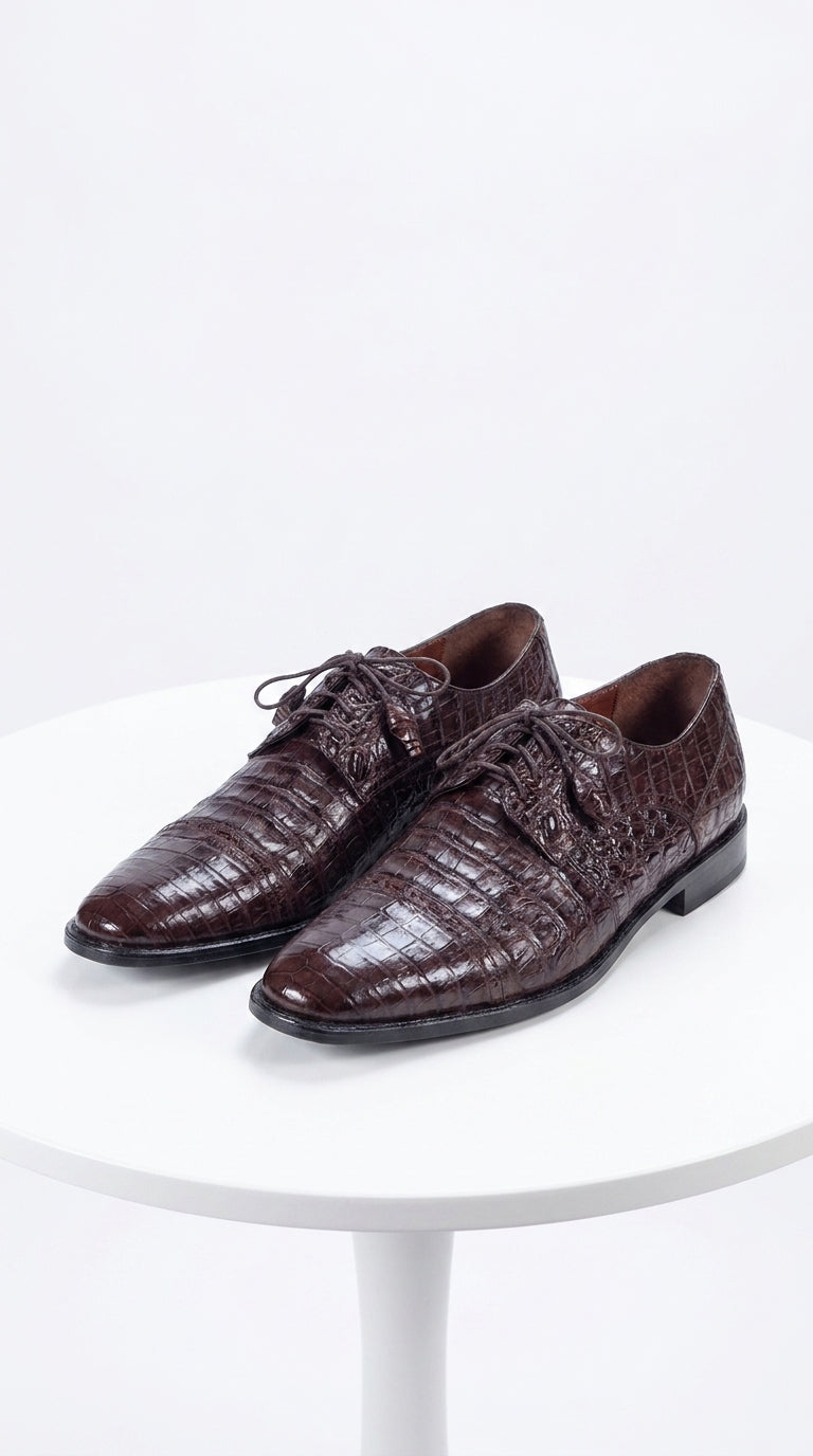 Los Altos Men’s Brown Genuine Caiman Oxford Shoes, Exotic Lace-Up Formal Dress Shoes