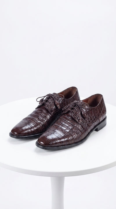 Los Altos Men’s Brown Genuine Caiman Oxford Shoes, Exotic Lace-Up Formal Dress Shoes