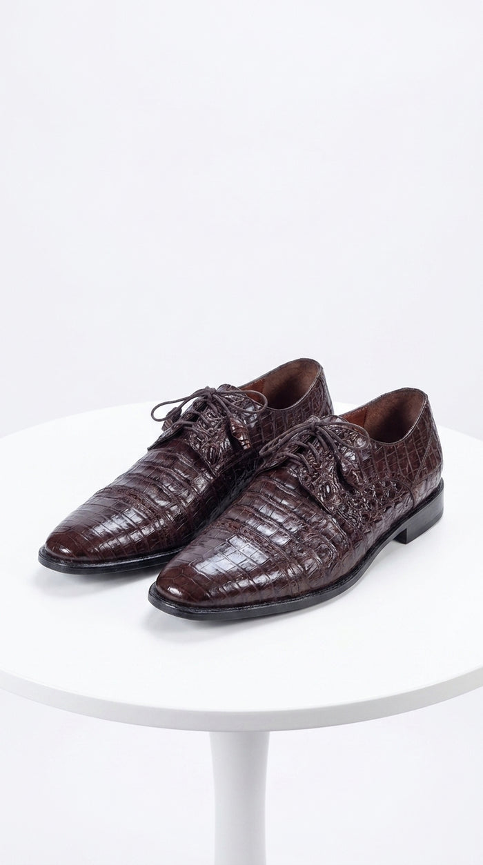 Los Altos Men’s Brown Genuine Caiman Oxford Shoes, Exotic Lace-Up Formal Dress Shoes