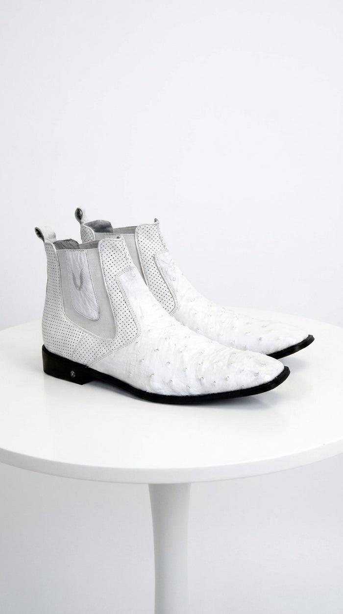 Men’s Handmade White Ostrich Chelsea Boots, Exotic Dress Ankle Boots for Formal and Western Style