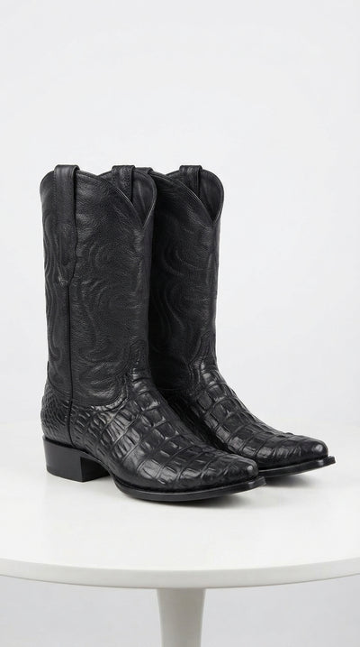 Men’s Black Alligator Print Snip Toe Boots, Exotic Western Cowboy Dress Boots