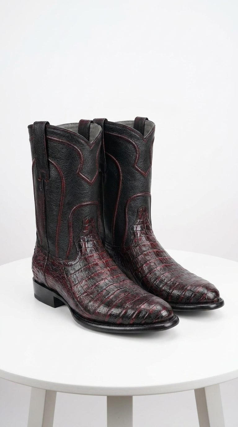 Los Altos Men’s Black Cherry Caiman Belly Roper Toe Boots, Exotic Western Cowboy Dress Boots