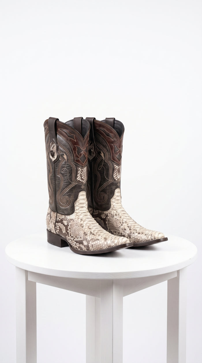 Men’s Natural Snake Skin Pointed Toe Western Boots, Exotic Cowboy Dress Boots