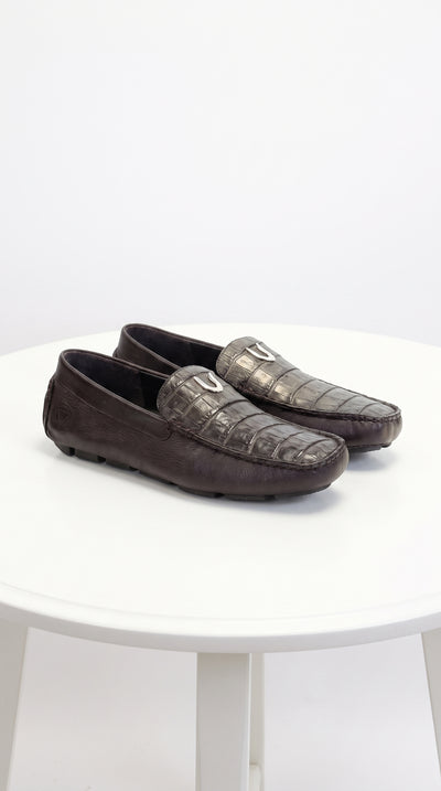 Vestigium Men’s Brown Genuine Caiman Belly Loafers, Handcrafted Alligator Texture Dress Shoes