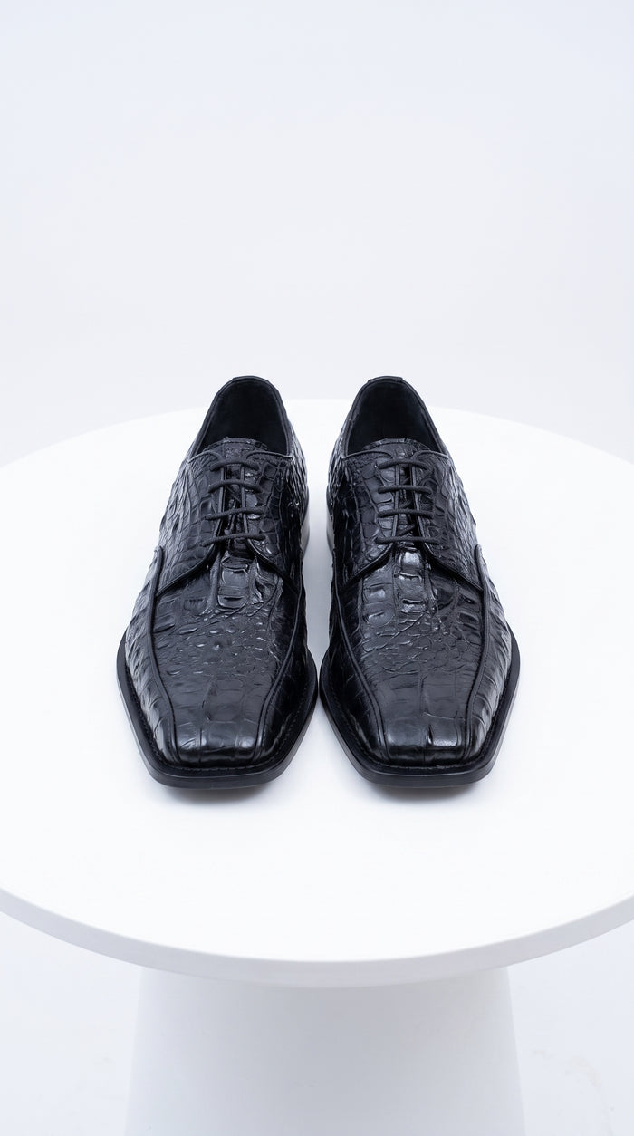 Los Altos Men’s Black Gator Belly Dress Shoes, Exotic Lace-Up Formal Shoes
