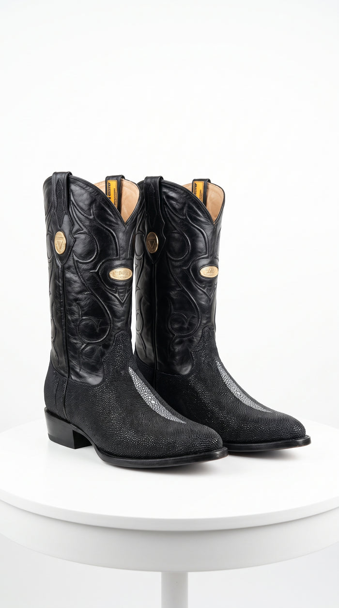 Men’s Black Genuine Stingray Mantarraya Cowboy Boots, Handmade J Toe Exotic Western Dress Boots