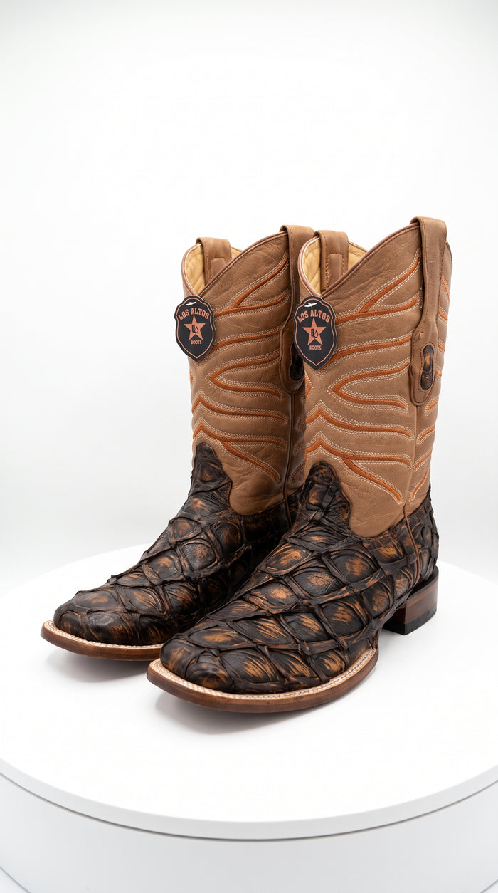 Los Altos Rustic Cognac Pirarucu Square Toe Boots, Exotic Western Cowboy Dress Boots