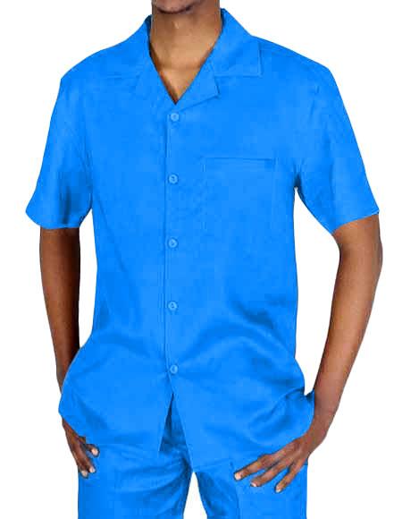 Men's Two Piece Short Sleeve Blue Linen Casual Casual Two Piece Walking Outfit For Sale Pant Sets Suit