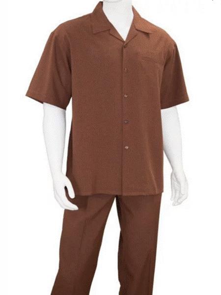 Men's Casual leisure Casual Two Piece Walking Outfit For Sale Pant Sets suit short sleeve shirt and pant set Bronze ~ Camel