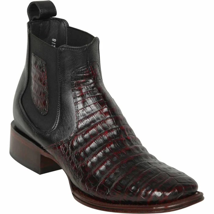 Men's Short Square Toe Caiman Boots Black Cherry