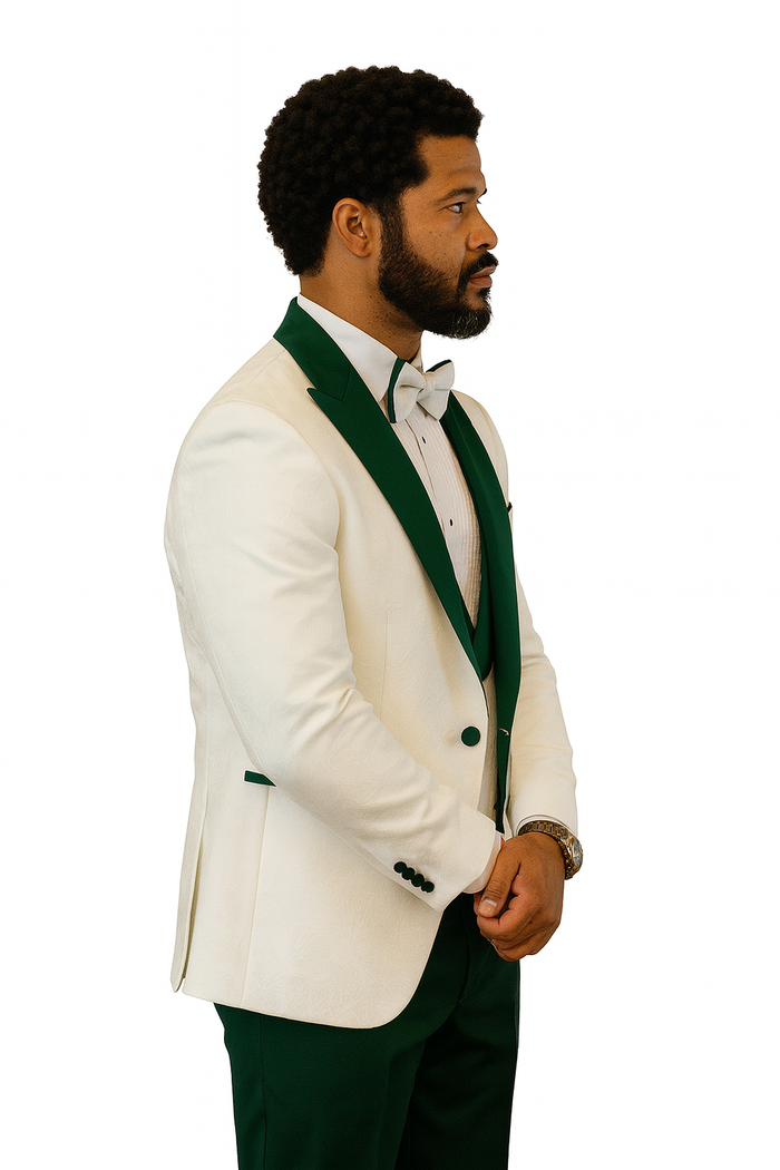 Paisley Green & White Peak Lapel Formal Set