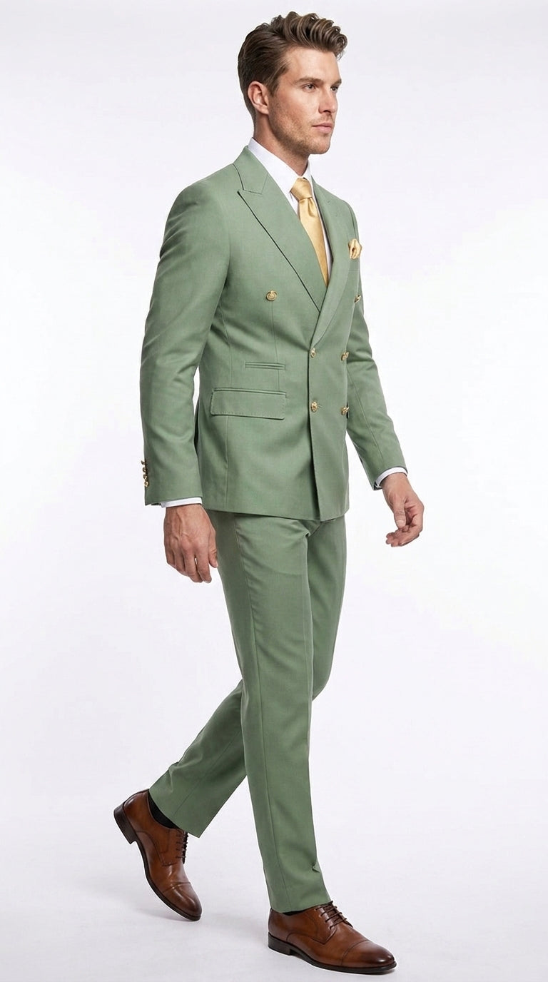 Rossi Man Milano Men’s Sage Green Double-Breasted Suit – Gold Button Wedding, Prom and Formal Suit