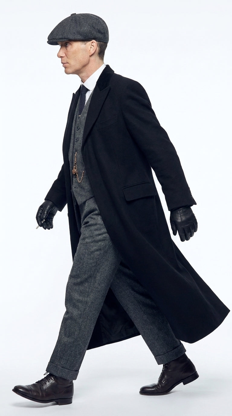 Men’s Black Peaky Blinders Full-Length Overcoat – Thomas Shelby Inspired Vintage Wool Coat