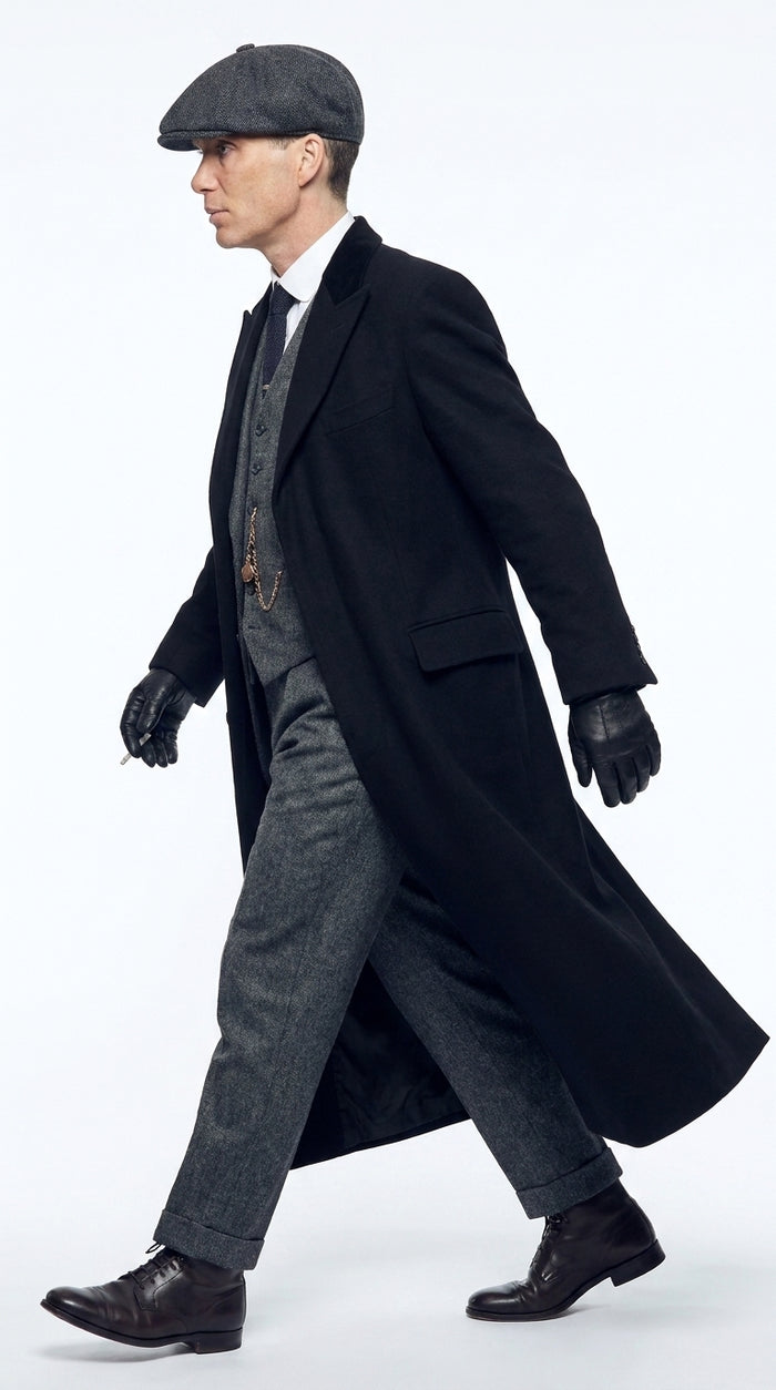Men’s Black Peaky Blinders Full-Length Overcoat – Thomas Shelby Inspired Vintage Wool Coat
