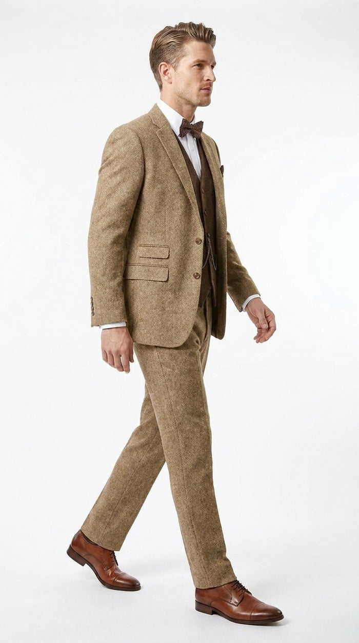 Men’s Great Gatsby 3-Piece Suit – Tobey Maguire Inspired 1920s Vintage Wedding Costume in Tan