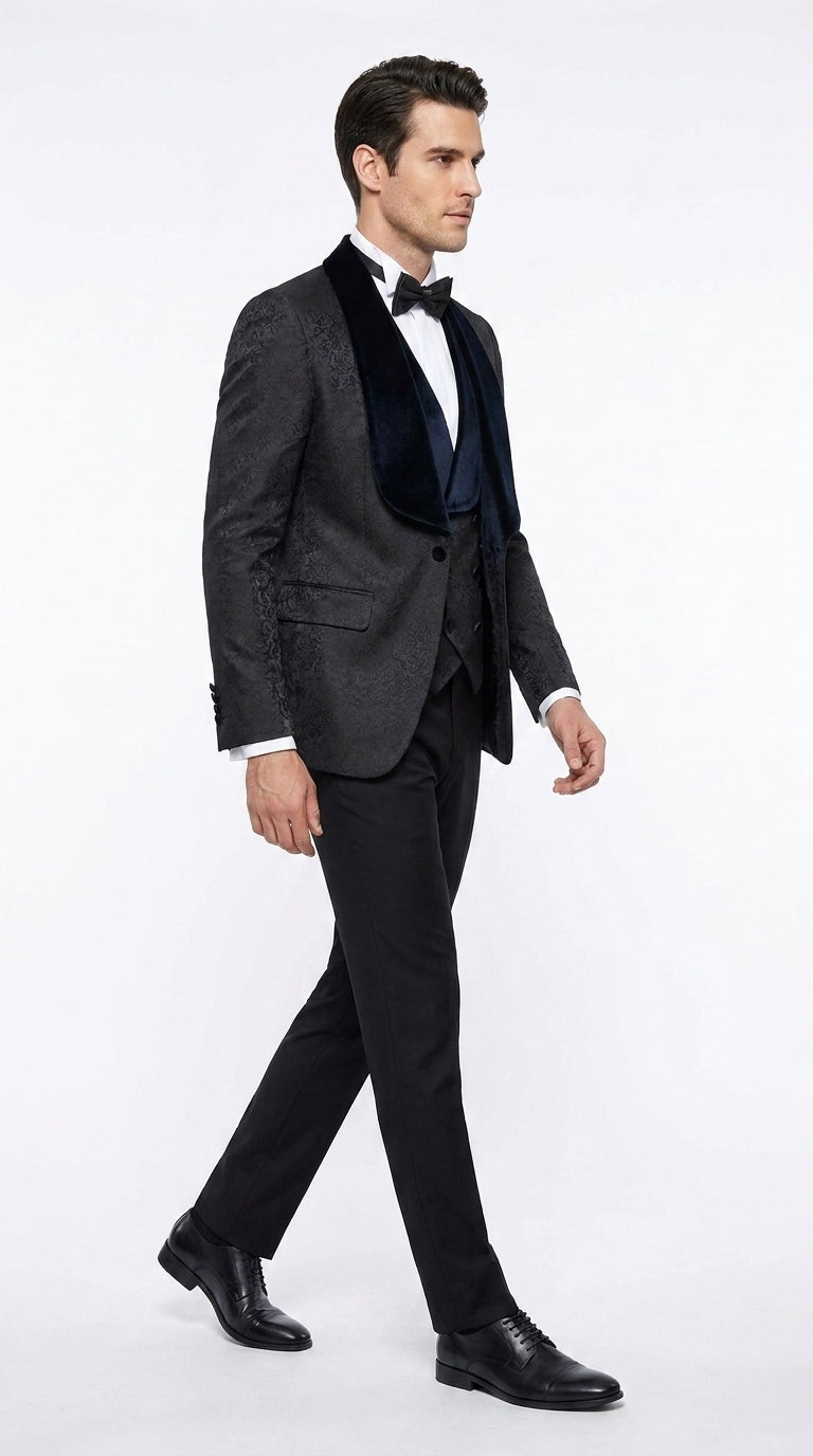 Men’s Black Designer 3-Piece Wedding Tuxedo – Wide Velvet Shawl Lapel Vested Formal Suit