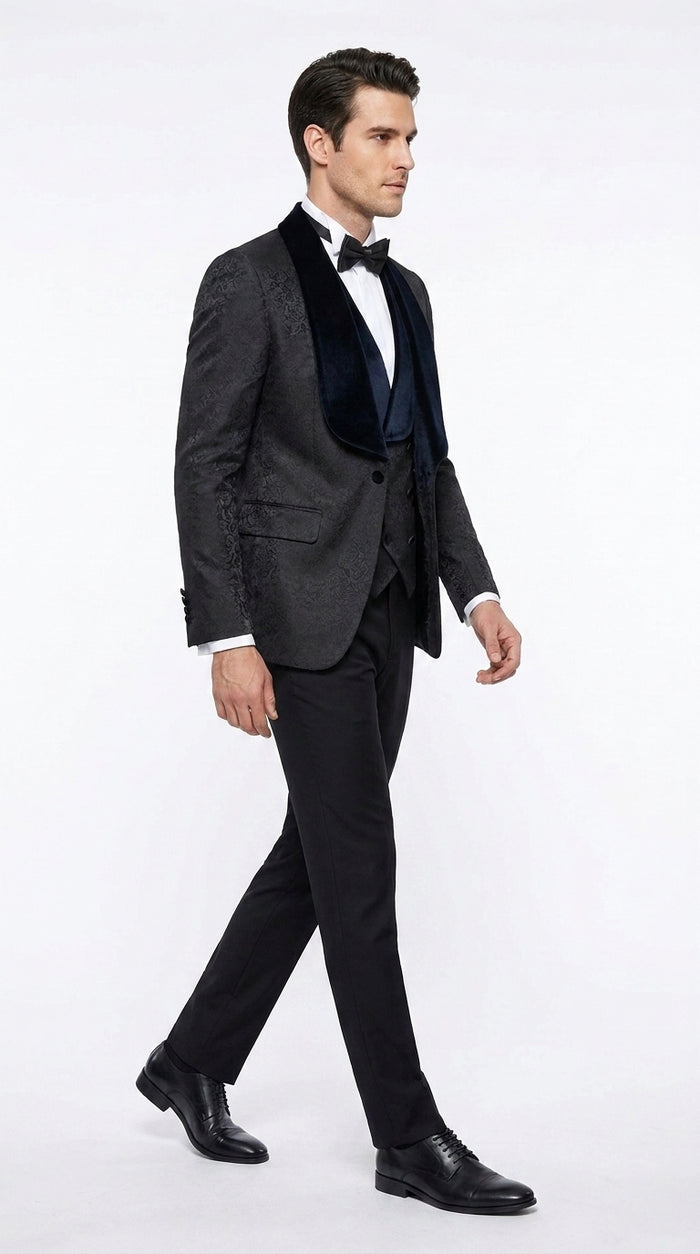 Men’s Black Designer 3-Piece Wedding Tuxedo – Wide Velvet Shawl Lapel Vested Formal Suit