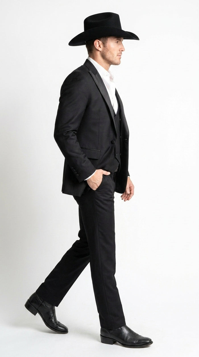 Men’s Black Western Tuxedo Suit with Satin Shawl Lapel, Double Breasted Vest Formal Cowboy Suit