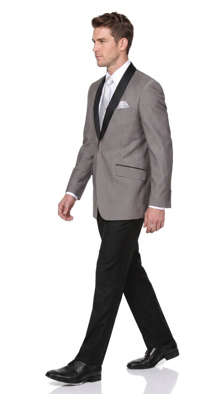 Men’s Grey Tuxedo Jacket with Black Shawl Lapel, 1 Button Formal Wedding Prom Blazer